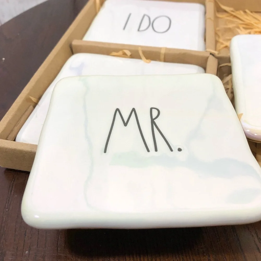 Rae Dunn 'I DO / MR. / LOVE / MRS.' Ceramic Iridescent Coasters Set NWT